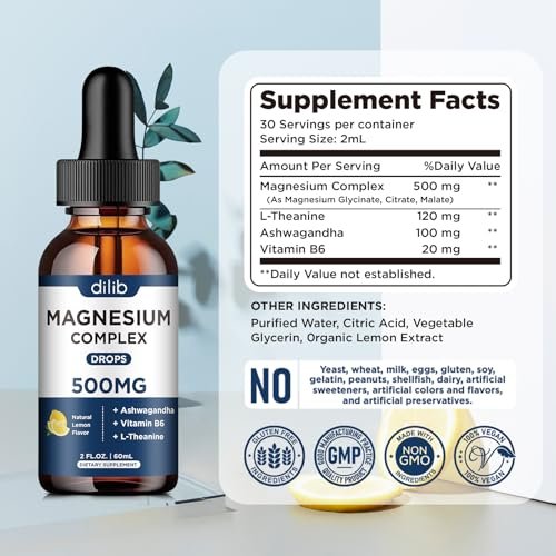 Magnesium Glycinat Flüssig Tropfen - Triple Magnesium Komplex mit Citrat, Malat, Ashwagandha, L-Theanin, Vitamin B6 für Schlaf, Ruhe, Stressabbau, Knochen, Muskeln, Stimmung - Zitronengeschmack