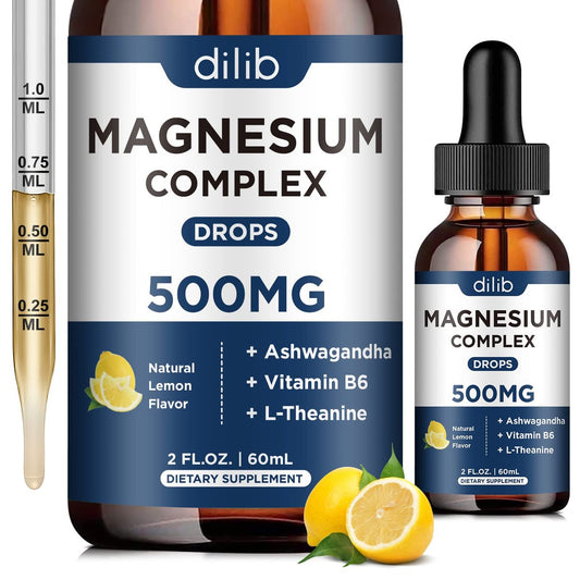Magnesium Glycinat Flüssig Tropfen - Triple Magnesium Komplex mit Citrat, Malat, Ashwagandha, L-Theanin, Vitamin B6 für Schlaf, Ruhe, Stressabbau, Knochen, Muskeln, Stimmung - Zitronengeschmack