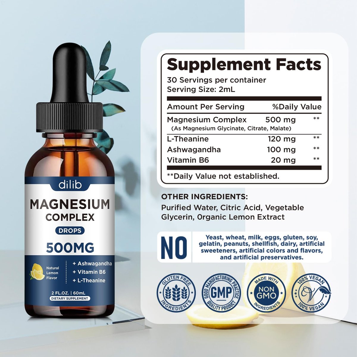 Magnesium Glycinat Flüssig Tropfen - Triple Magnesium Komplex mit Citrat, Malat, Ashwagandha, L-Theanin, Vitamin B6 für Schlaf, Ruhe, Stressabbau, Knochen, Muskeln, Stimmung - Zitronengeschmack