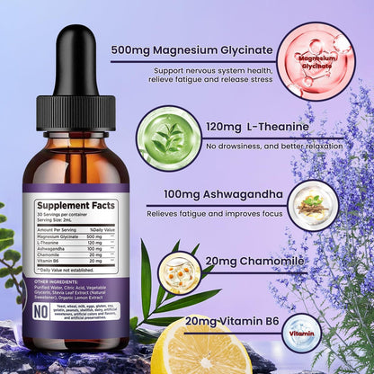 Magnesium Glycinat Supplement – Flüssige Magnesium Tropfen mit 500mg Magnesiumglycinat, Vitamin B6, Ashwagandha, L-Theanin, Kamille – Unterstützt Stressabbau, Knochen, Muskeln, Stimmung – Vegan