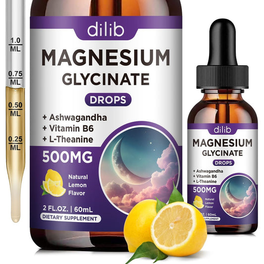 Magnesium Glycinat Supplement – Flüssige Magnesium Tropfen mit 500mg Magnesiumglycinat, Vitamin B6, Ashwagandha, L-Theanin, Kamille – Unterstützt Stressabbau, Knochen, Muskeln, Stimmung – Vegan