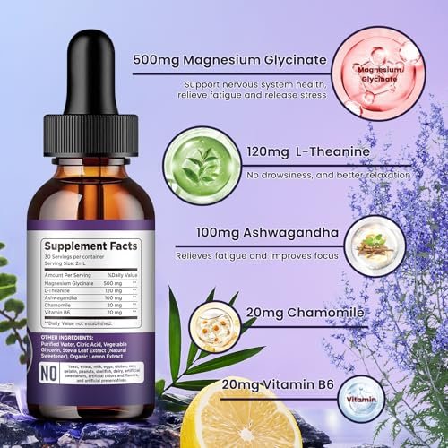Magnesium Glycinat Supplement – Flüssige Magnesium Tropfen mit 500mg Magnesiumglycinat, Vitamin B6, Ashwagandha, L-Theanin, Kamille – Unterstützt Stressabbau, Knochen, Muskeln, Stimmung – Vegan