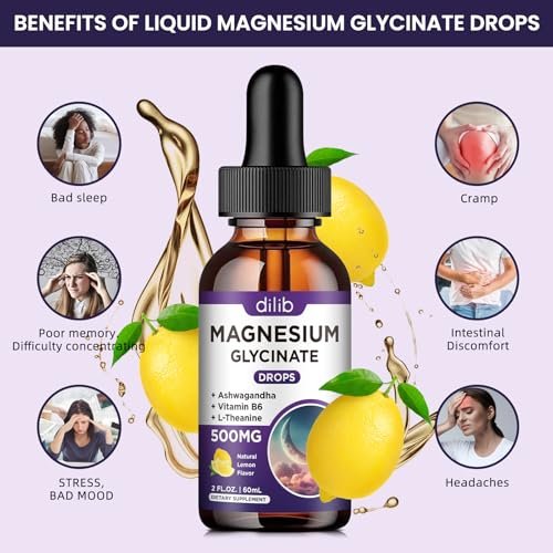 Magnesium Glycinat Supplement – Flüssige Magnesium Tropfen mit 500mg Magnesiumglycinat, Vitamin B6, Ashwagandha, L-Theanin, Kamille – Unterstützt Stressabbau, Knochen, Muskeln, Stimmung – Vegan