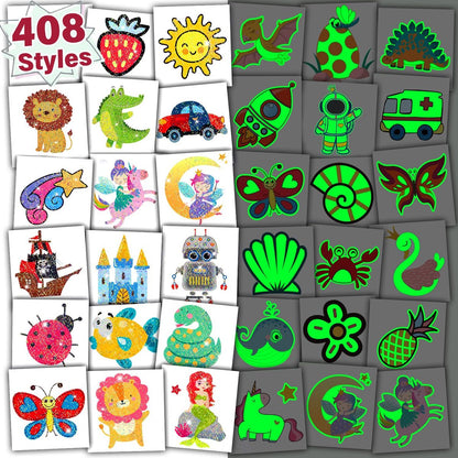 Partywind 408 Stücke Temporäre Tattoos für Kinder, Glow & Glitzer Fake Tattoo Aufkleber für Jungen Mädchen, Partygeschenke, Goodie Bag Füller (einzeln verpackt)