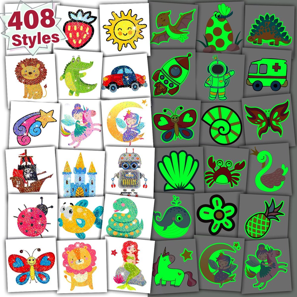 Partywind 408 Stücke Temporäre Tattoos für Kinder, Glow & Glitzer Fake Tattoo Aufkleber für Jungen Mädchen, Partygeschenke, Goodie Bag Füller (einzeln verpackt)