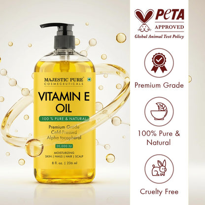 Majestic Pure Vitamin E Öl – 100% reines & natürliches Haarwachstumsöl für Wimpern, Augenbrauen, Haut, Gesicht, Nägel & Kopfhaut – Kaltgepresst & Hexanfrei – 240 ml