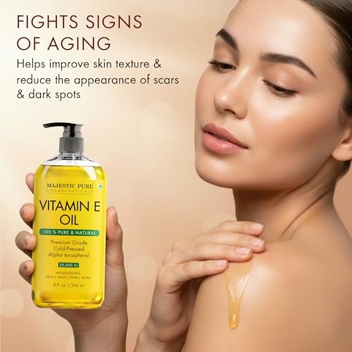 Majestic Pure Vitamin E Öl – 100% reines & natürliches Haarwachstumsöl für Wimpern, Augenbrauen, Haut, Gesicht, Nägel & Kopfhaut – Kaltgepresst & Hexanfrei – 240 ml