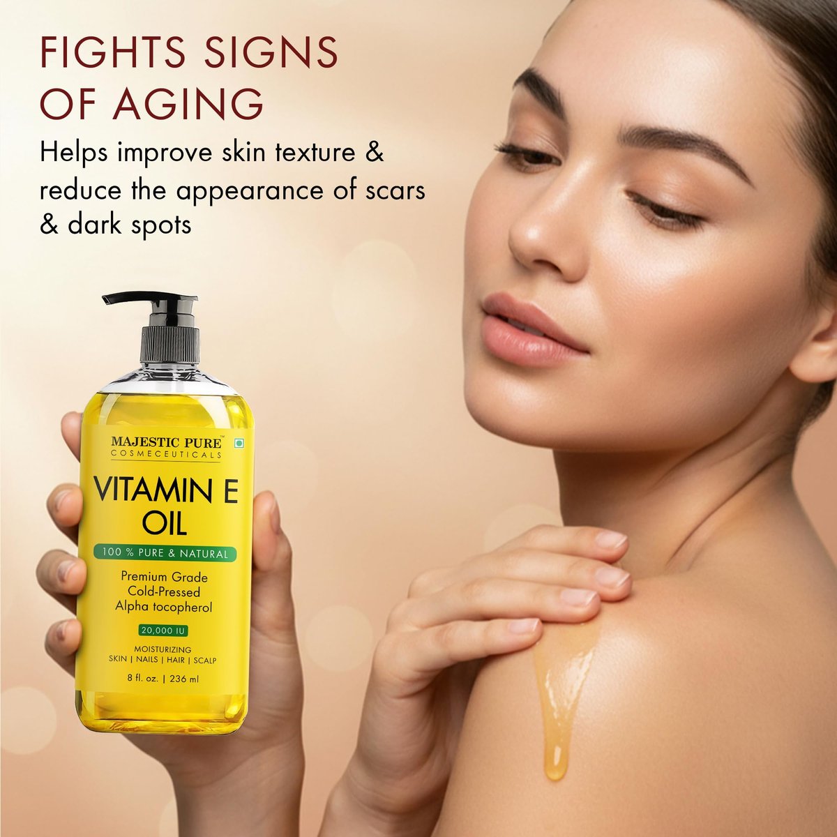 Majestic Pure Vitamin E Öl – 100% reines & natürliches Haarwachstumsöl für Wimpern, Augenbrauen, Haut, Gesicht, Nägel & Kopfhaut – Kaltgepresst & Hexanfrei – 240 ml