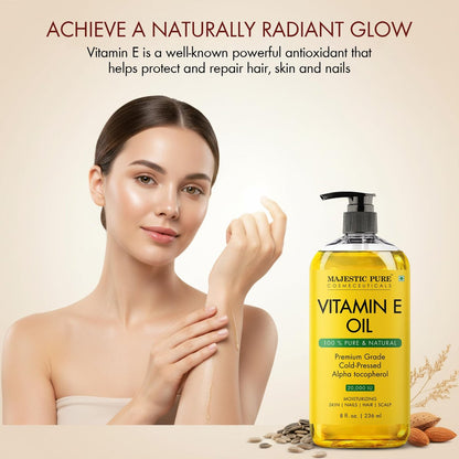 Majestic Pure Vitamin E Öl – 100% reines & natürliches Haarwachstumsöl für Wimpern, Augenbrauen, Haut, Gesicht, Nägel & Kopfhaut – Kaltgepresst & Hexanfrei – 240 ml