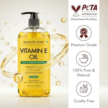 Majestic Pure Vitamin E Öl – 100% reines & natürliches Haarwachstumsöl für Wimpern, Augenbrauen, Haut, Gesicht, Nägel & Kopfhaut – Kaltgepresst & Hexanfrei – 240 ml
