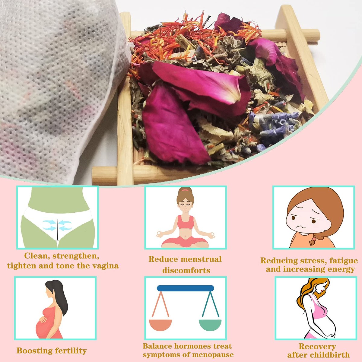 Yoni Steam Kräuter für Frauen pH-Gleichgewicht, natürliche feminine Vaginalkräuter Reinigung und Verjüngung, Kräutermischung, 7 Filterbeutel Vaginalkräuter