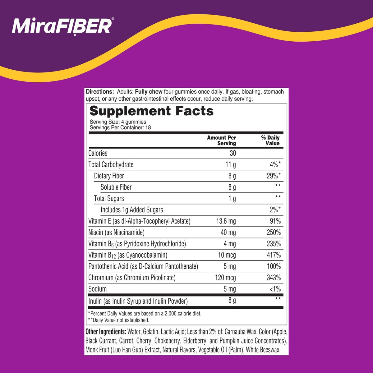 MiraFIBER Gummies – Ballaststoff-Gummibärchen von den Machern von MiraLAX, 8 g pro Portion, zur Unterstützung Ihrer GLP-1-Reise, für Männer & Frauen, präbiotisch, gemischter Fruchtgeschmack, 72 Stück