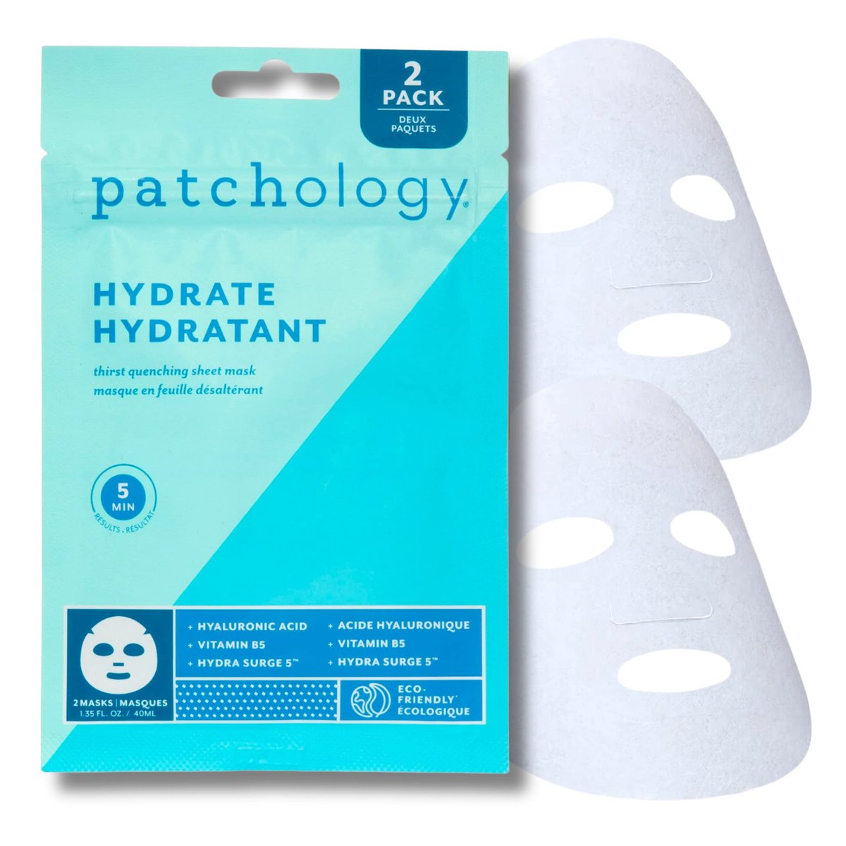 Patchology Hydrate FlashMasque Feuchtigkeitsmaske mit Hyaluronsäure – Gesichtsmaske für Männer & Frauen zur Hydratation & Feuchtigkeitspflege in 5 Minuten – 2 Stück