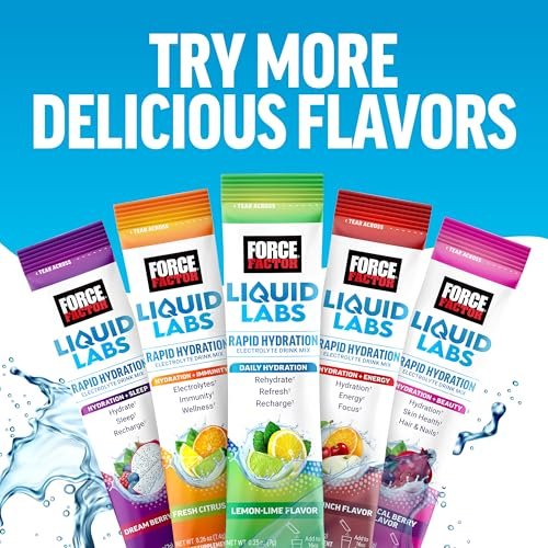 Force Factor Liquid Labs Electrolytes Pulverbeutel – Tropische Früchte – Hydrationsbeutel für Elektrolytwasser mit 5 essentiellen Elektrolyten, Vitaminen, Mineralien und Antioxidantien, 20 Sticks