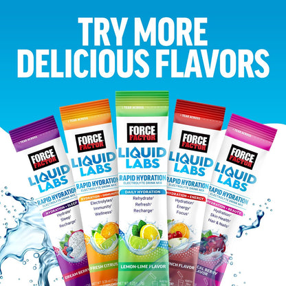 Force Factor Liquid Labs Electrolytes Pulverbeutel – Tropische Früchte – Hydrationsbeutel für Elektrolytwasser mit 5 essentiellen Elektrolyten, Vitaminen, Mineralien und Antioxidantien, 20 Sticks