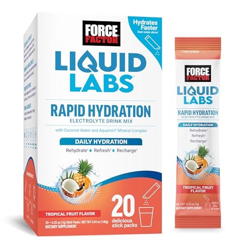 Force Factor Liquid Labs Electrolytes Pulverbeutel – Tropische Früchte – Hydrationsbeutel für Elektrolytwasser mit 5 essentiellen Elektrolyten, Vitaminen, Mineralien und Antioxidantien, 20 Sticks