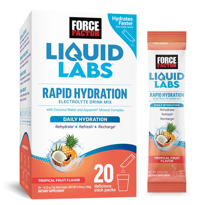 Force Factor Liquid Labs Electrolytes Pulverbeutel – Tropische Früchte – Hydrationsbeutel für Elektrolytwasser mit 5 essentiellen Elektrolyten, Vitaminen, Mineralien und Antioxidantien, 20 Sticks