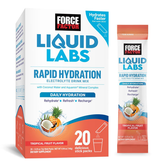 Force Factor Liquid Labs Electrolytes Pulverbeutel – Tropische Früchte – Hydrationsbeutel für Elektrolytwasser mit 5 essentiellen Elektrolyten, Vitaminen, Mineralien und Antioxidantien, 20 Sticks
