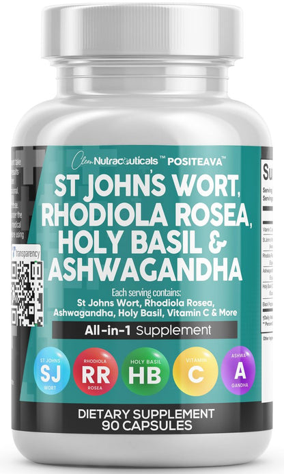 Clean Nutraceuticals St. Johanniskraut, Rosenwurz, Heiliges Basilikum, Ashwagandha – Stimmungsunterstützung für Frauen und Männer mit Vitamin C & Schwarzem Pfeffer Extrakt – 90 Kapseln