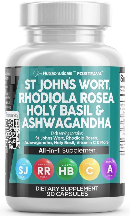 Clean Nutraceuticals St. Johanniskraut, Rosenwurz, Heiliges Basilikum, Ashwagandha – Stimmungsunterstützung für Frauen und Männer mit Vitamin C & Schwarzem Pfeffer Extrakt – 90 Kapseln