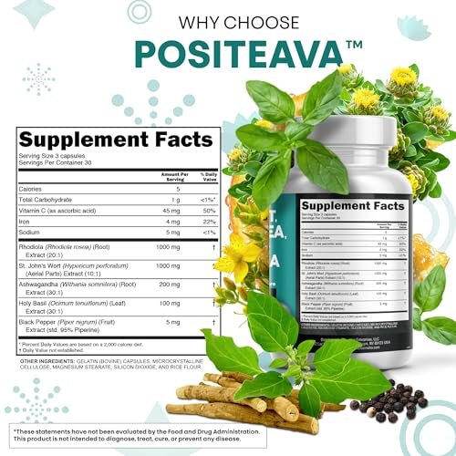 Clean Nutraceuticals St. Johanniskraut, Rosenwurz, Heiliges Basilikum, Ashwagandha – Stimmungsunterstützung für Frauen und Männer mit Vitamin C & Schwarzem Pfeffer Extrakt – 90 Kapseln