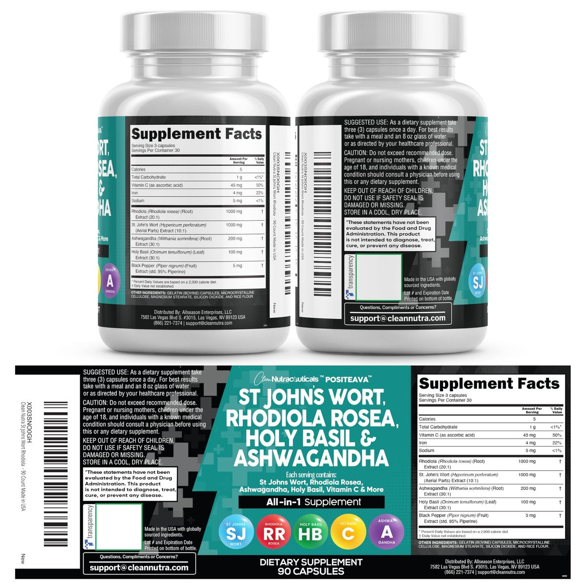 Clean Nutraceuticals St. Johanniskraut, Rosenwurz, Heiliges Basilikum, Ashwagandha – Stimmungsunterstützung für Frauen und Männer mit Vitamin C & Schwarzem Pfeffer Extrakt – 90 Kapseln
