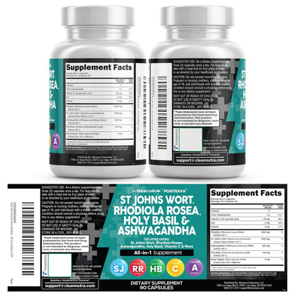 Clean Nutraceuticals St. Johanniskraut, Rosenwurz, Heiliges Basilikum, Ashwagandha – Stimmungsunterstützung für Frauen und Männer mit Vitamin C & Schwarzem Pfeffer Extrakt – 90 Kapseln