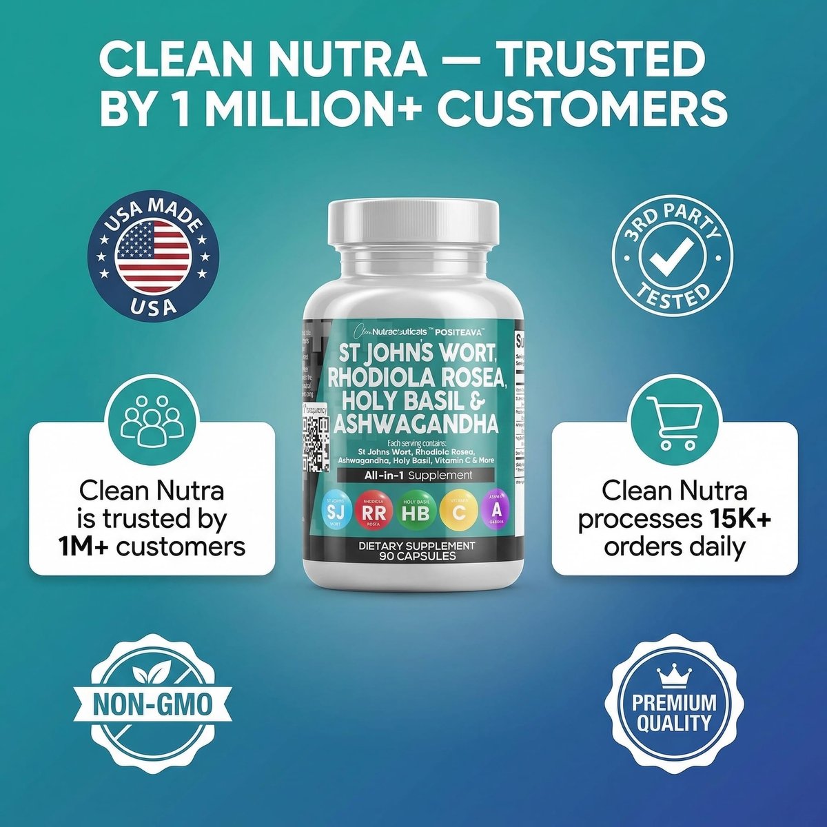 Clean Nutraceuticals St. Johanniskraut, Rosenwurz, Heiliges Basilikum, Ashwagandha – Stimmungsunterstützung für Frauen und Männer mit Vitamin C & Schwarzem Pfeffer Extrakt – 90 Kapseln