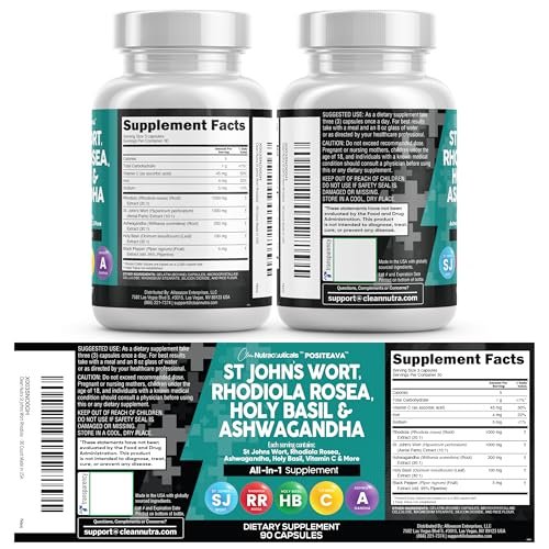 Clean Nutraceuticals St. Johanniskraut, Rosenwurz, Heiliges Basilikum, Ashwagandha – Stimmungsunterstützung für Frauen und Männer mit Vitamin C & Schwarzem Pfeffer Extrakt – 90 Kapseln