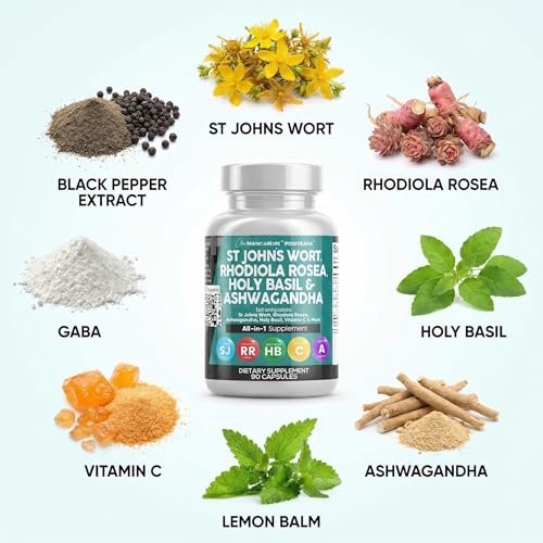 Clean Nutraceuticals St. Johanniskraut, Rosenwurz, Heiliges Basilikum, Ashwagandha – Stimmungsunterstützung für Frauen und Männer mit Vitamin C & Schwarzem Pfeffer Extrakt – 90 Kapseln