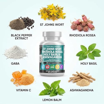 Clean Nutraceuticals St. Johanniskraut, Rosenwurz, Heiliges Basilikum, Ashwagandha – Stimmungsunterstützung für Frauen und Männer mit Vitamin C & Schwarzem Pfeffer Extrakt – 90 Kapseln