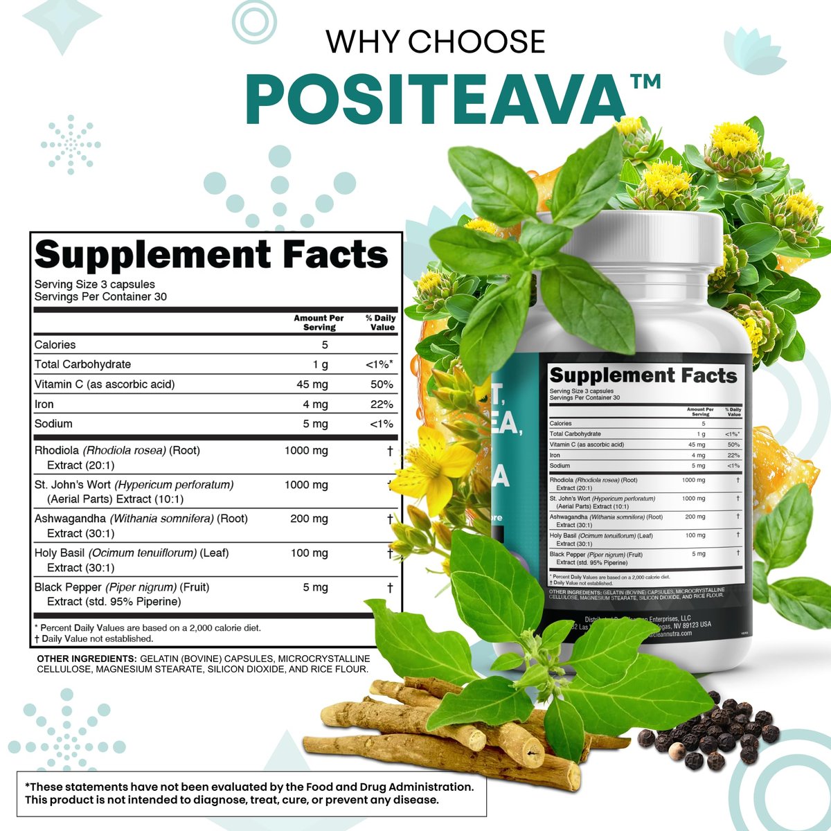 Clean Nutraceuticals St. Johanniskraut, Rosenwurz, Heiliges Basilikum, Ashwagandha – Stimmungsunterstützung für Frauen und Männer mit Vitamin C & Schwarzem Pfeffer Extrakt – 90 Kapseln