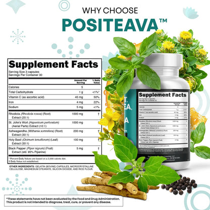 Clean Nutraceuticals St. Johanniskraut, Rosenwurz, Heiliges Basilikum, Ashwagandha – Stimmungsunterstützung für Frauen und Männer mit Vitamin C & Schwarzem Pfeffer Extrakt – 90 Kapseln