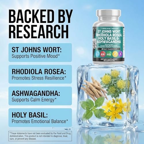 Clean Nutraceuticals St. Johanniskraut, Rosenwurz, Heiliges Basilikum, Ashwagandha – Stimmungsunterstützung für Frauen und Männer mit Vitamin C & Schwarzem Pfeffer Extrakt – 90 Kapseln