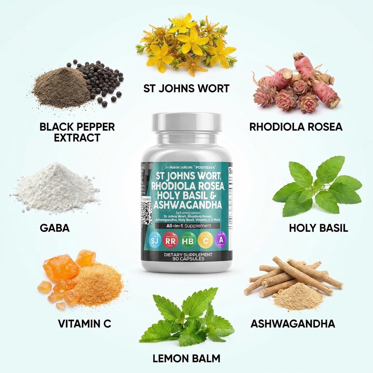 Clean Nutraceuticals St. Johanniskraut, Rosenwurz, Heiliges Basilikum, Ashwagandha – Stimmungsunterstützung für Frauen und Männer mit Vitamin C & Schwarzem Pfeffer Extrakt – 90 Kapseln