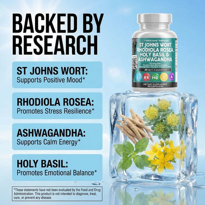 Clean Nutraceuticals St. Johanniskraut, Rosenwurz, Heiliges Basilikum, Ashwagandha – Stimmungsunterstützung für Frauen und Männer mit Vitamin C & Schwarzem Pfeffer Extrakt – 90 Kapseln
