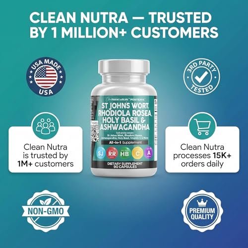 Clean Nutraceuticals St. Johanniskraut, Rosenwurz, Heiliges Basilikum, Ashwagandha – Stimmungsunterstützung für Frauen und Männer mit Vitamin C & Schwarzem Pfeffer Extrakt – 90 Kapseln