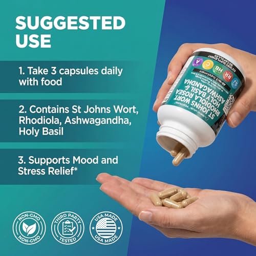Clean Nutraceuticals St. Johanniskraut, Rosenwurz, Heiliges Basilikum, Ashwagandha – Stimmungsunterstützung für Frauen und Männer mit Vitamin C & Schwarzem Pfeffer Extrakt – 90 Kapseln