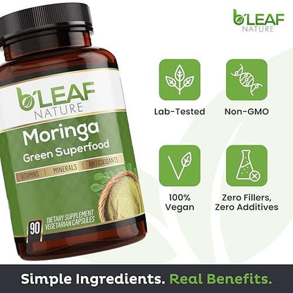 B'Leaf Nature Moringa Kapseln Bio 1000mg – Reines Moringa Oleifera Blattpulver für Energie & Immununterstützung | Non-GMO, Glutenfrei, Vegan, Superfood | 90 vegane Kapseln