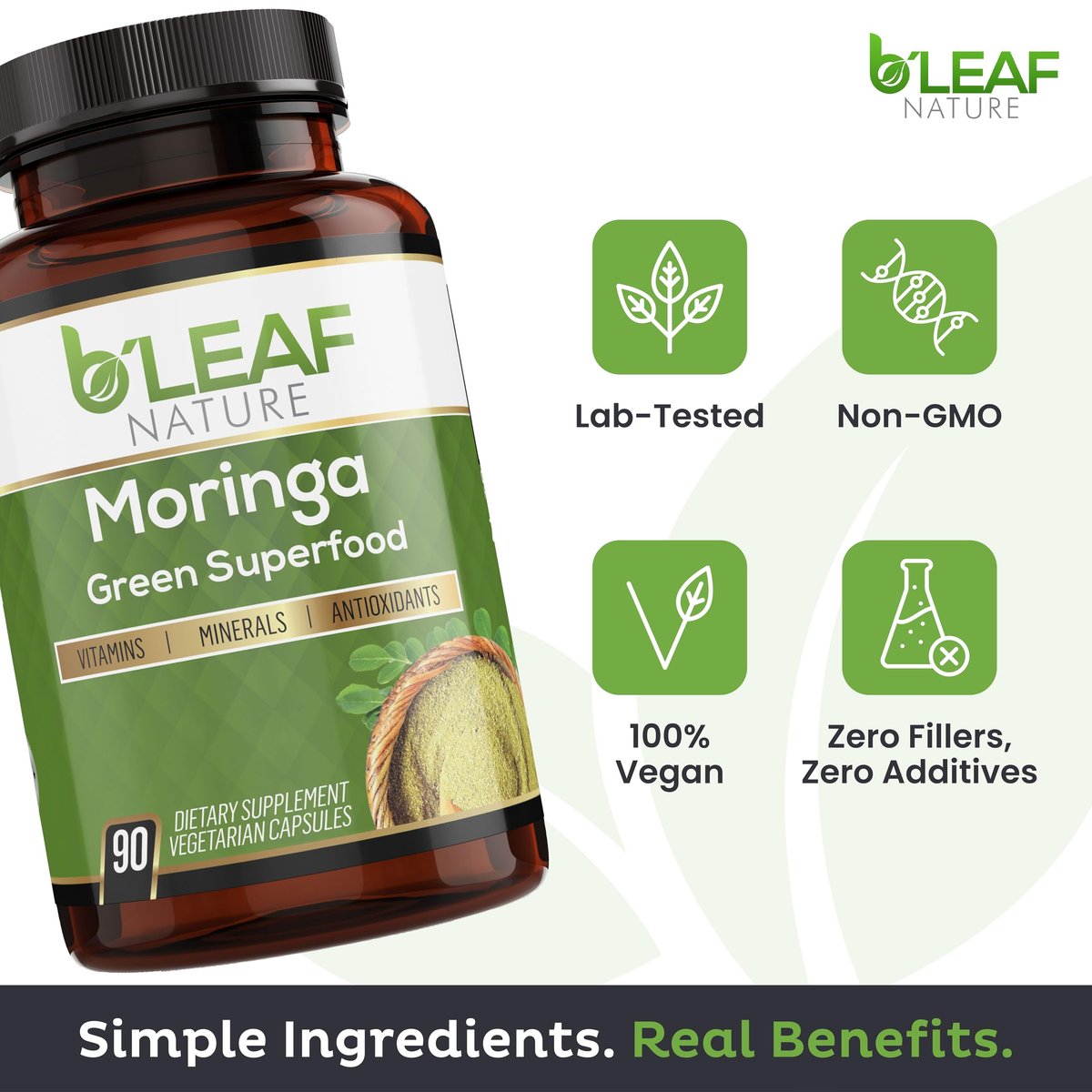 B'Leaf Nature Moringa Kapseln Bio 1000mg – Reines Moringa Oleifera Blattpulver für Energie & Immununterstützung | Non-GMO, Glutenfrei, Vegan, Superfood | 90 vegane Kapseln