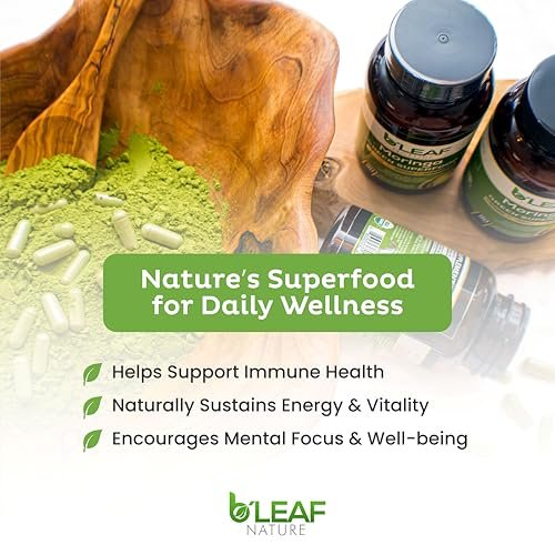 B'Leaf Nature Moringa Kapseln Bio 1000mg – Reines Moringa Oleifera Blattpulver für Energie & Immununterstützung | Non-GMO, Glutenfrei, Vegan, Superfood | 90 vegane Kapseln
