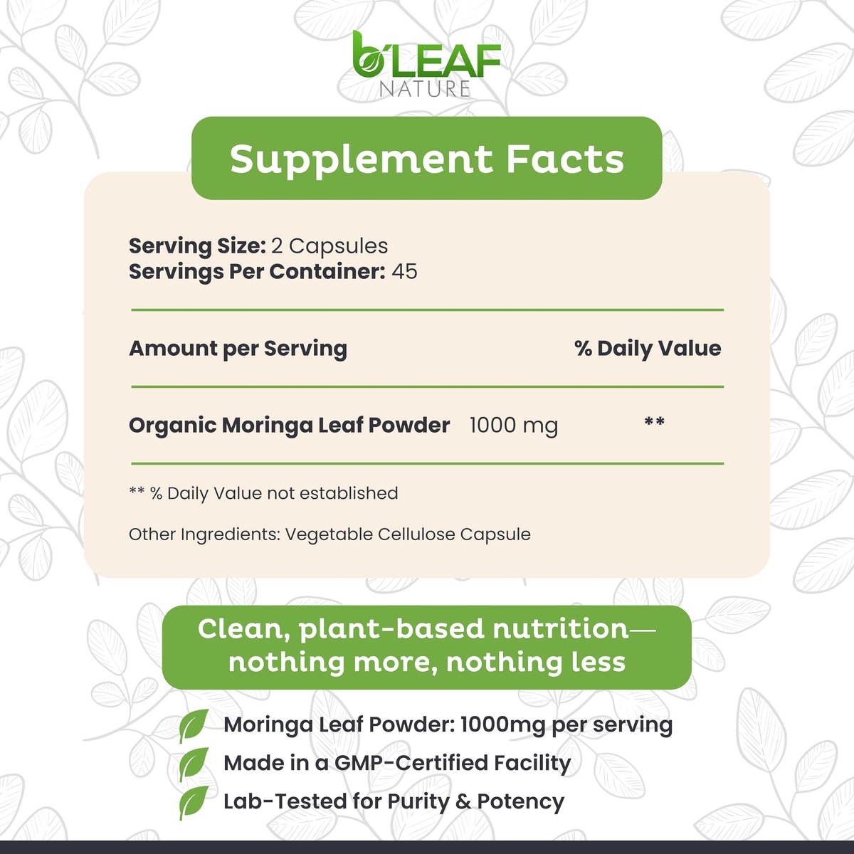 B'Leaf Nature Moringa Kapseln Bio 1000mg – Reines Moringa Oleifera Blattpulver für Energie & Immununterstützung | Non-GMO, Glutenfrei, Vegan, Superfood | 90 vegane Kapseln