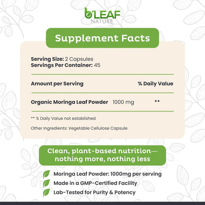B'Leaf Nature Moringa Kapseln Bio 1000mg – Reines Moringa Oleifera Blattpulver für Energie & Immununterstützung | Non-GMO, Glutenfrei, Vegan, Superfood | 90 vegane Kapseln