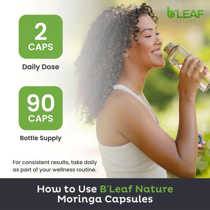 B'Leaf Nature Moringa Kapseln Bio 1000mg – Reines Moringa Oleifera Blattpulver für Energie & Immununterstützung | Non-GMO, Glutenfrei, Vegan, Superfood | 90 vegane Kapseln