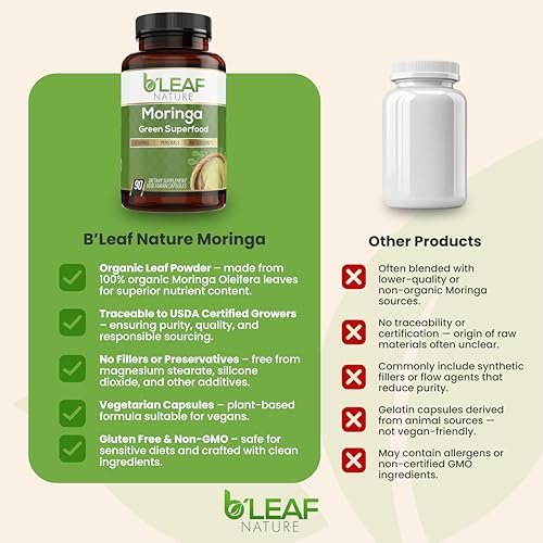 B'Leaf Nature Moringa Kapseln Bio 1000mg – Reines Moringa Oleifera Blattpulver für Energie & Immununterstützung | Non-GMO, Glutenfrei, Vegan, Superfood | 90 vegane Kapseln