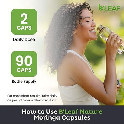 B'Leaf Nature Moringa Kapseln Bio 1000mg – Reines Moringa Oleifera Blattpulver für Energie & Immununterstützung | Non-GMO, Glutenfrei, Vegan, Superfood | 90 vegane Kapseln