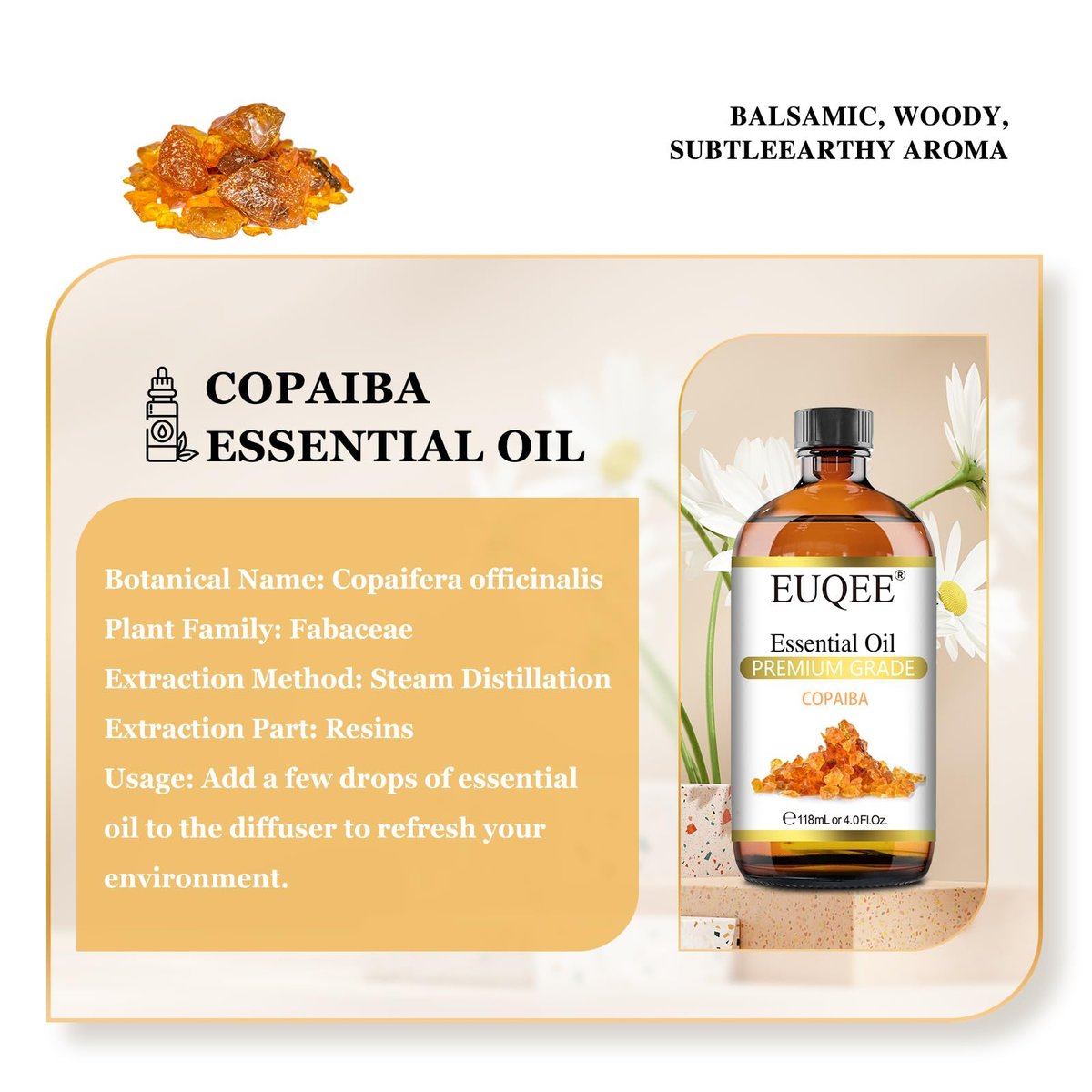 EUQEE Copaiba Öl 118 ml – Reines Copaiba ätherisches Öl mit Pipette für Diffuser, DIY Seife, Kerzenherstellung, Aromatherapie (4 fl oz)