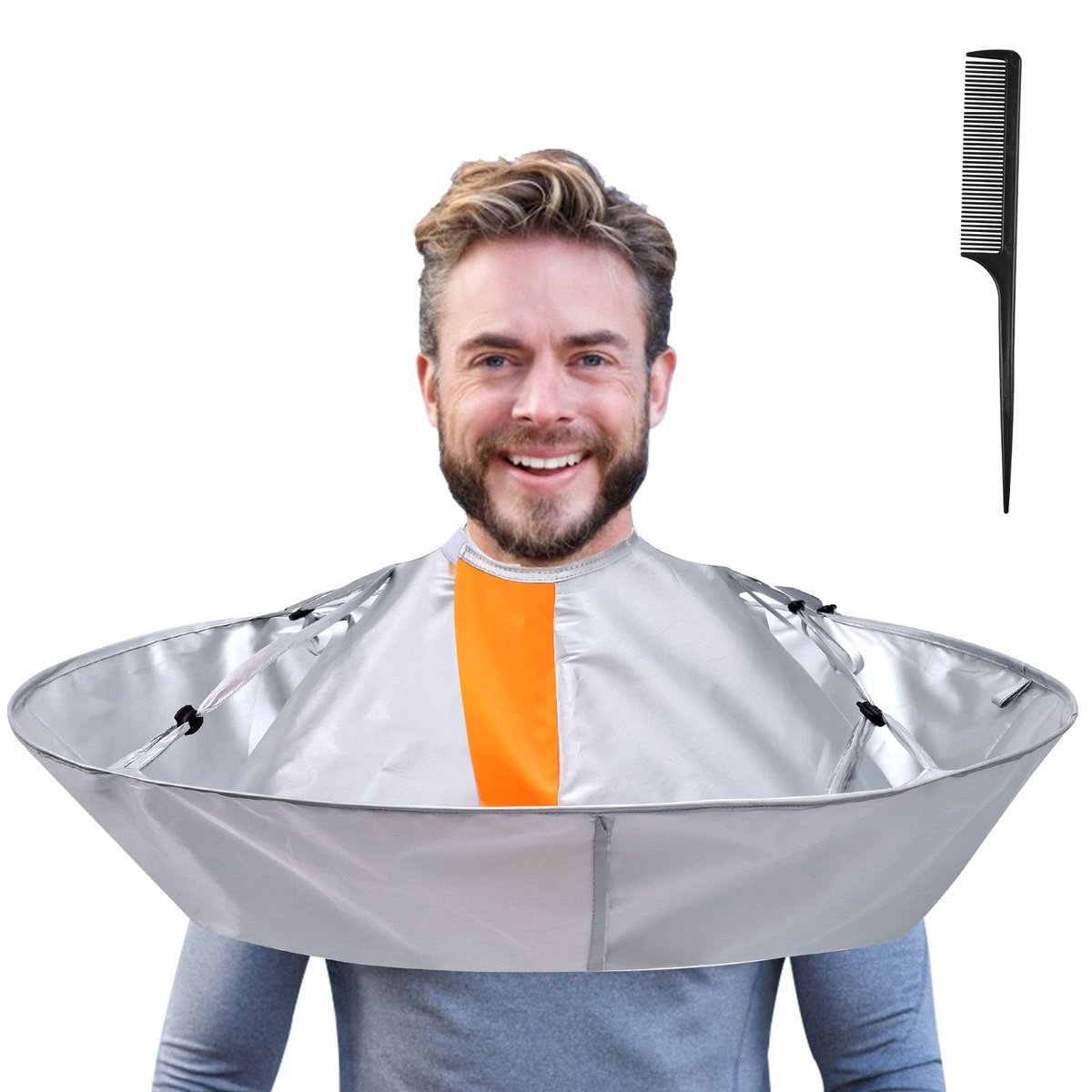 Lictin Haarschneide-Umhang – Wasserdichter Friseurumhang mit Kamm, Faltbarer Regenschirm-Haarschneideumhang, Silber und Orange, Durchmesser 66 cm