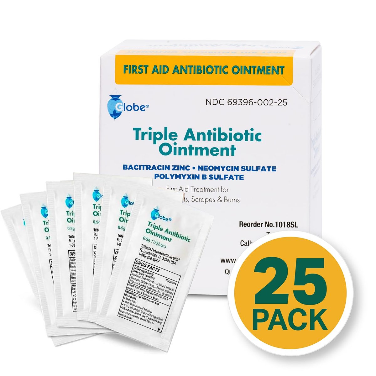 Globe Triple Antibiotische Salbe 25er Pack Einzelpackungen, Erste-Hilfe-Set für kleine Kratzer, Wunden, Schnitte und Verbrennungen, beugt Infektionen vor, Wirkstoffe vergleichbar mit führender Marke, Reisegröße, 0,9 g