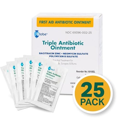 Globe Triple Antibiotische Salbe 25er Pack Einzelpackungen, Erste-Hilfe-Set für kleine Kratzer, Wunden, Schnitte und Verbrennungen, beugt Infektionen vor, Wirkstoffe vergleichbar mit führender Marke, Reisegröße, 0,9 g